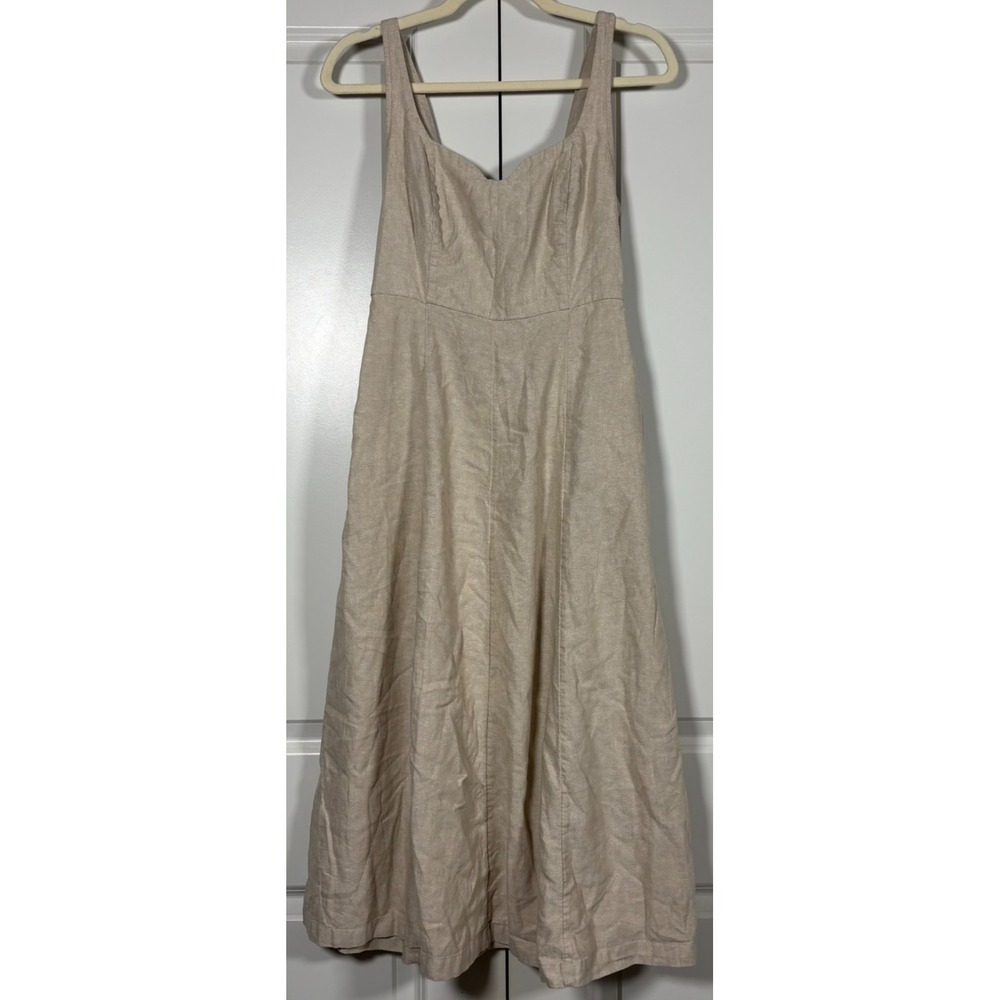 Old Navy Womens Fit & Flare Midi Dress Tan Linen Blend Smocked Sweetheart Neck M
